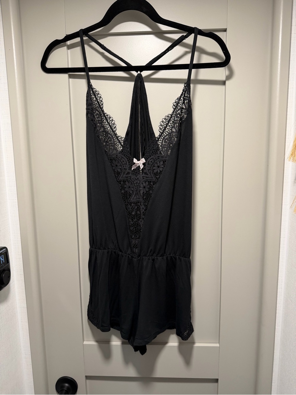 Victoria's Secret Black Lace Romper with Pink Bow Accent